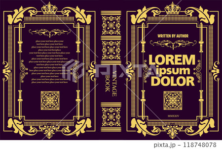 Ornate leather book cover and Old retro ornament frames. Royal Golden style design. Historical novel. Oriental style Vector illustration. Hand drawn illustration Ornate leather book cover and Old retro ornament frames. Royal Golden style design. Historical novel. Oriental style Vector illustration. Hand drawn illustration 118748078