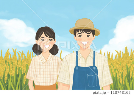 稲の収穫を喜ぶ農家の夫婦 118748165