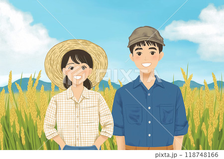 稲の収穫を喜ぶ農家の夫婦 稲の収穫を喜ぶ農家の夫婦 118748166