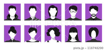 Female and male faceless silhouettes in square frames. Set of women and men user avatars. Vector illustration 118748200