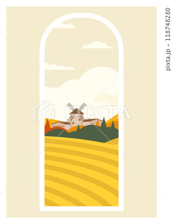 Autumn countryside farm landscape view. Skyline with clouds farmland flat style illustration Autumn countryside farm landscape view. Skyline with clouds farmland flat style illustration 118748280