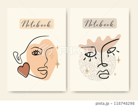 Childish school notebook cover design templates. Diary cover page design woman face illustration 118748298