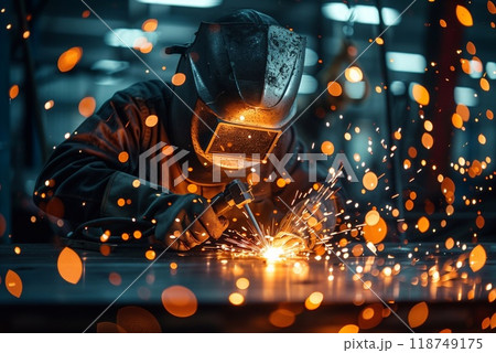 A skilled welder works meticulously in an industrial workshop, creating metal structures amidst sparks and bright lights 118749175