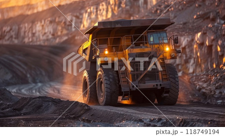 A large dump truck moves iron ore along a dusty path in a mining area, illuminated by the soft light of dawn 118749194