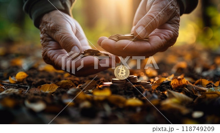 Elderly hands carefully manage cash and cryptocurrency amidst autumn leaves, highlighting the concept of financial assistance and security 118749209
