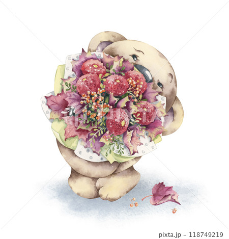An Adorable and Cute Bear Holding a Beautiful Colorful Flower Bouquet with Delight 118749219