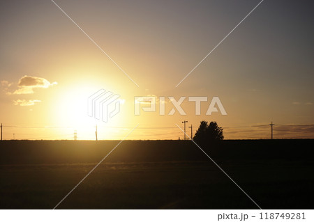 江戸川の土手に沈む夕日 118749281