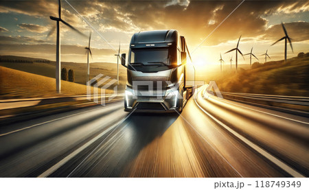 photorealistic image of a sleek, futuristic semi-trailer truck 118749349