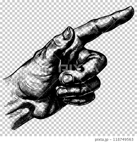 右を指差す手の銅版画のベクターイラスト。のイラスト素材 [118749563