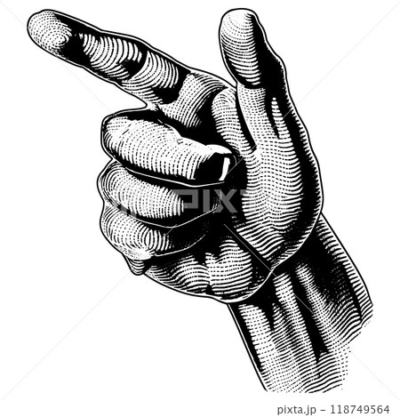左を指差す手の銅版画のベクターイラスト。 118749564