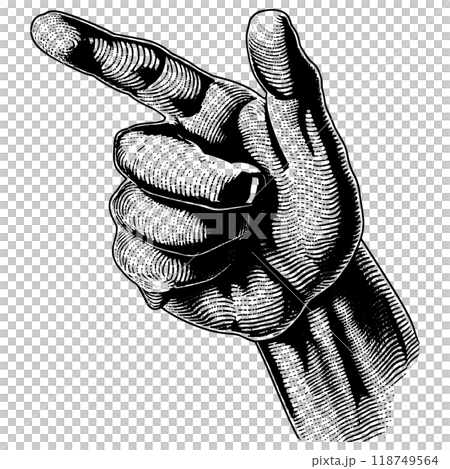 指向左邊的手的銅版雕刻的向量圖。 118749564