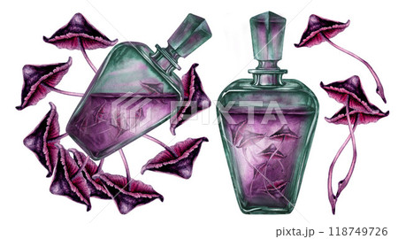 Vertical and inclined transparent green bottle with liquid and poisonous purple toadstools. Watercolor illustration template for esoteric, witchcraft, Halloween: invitations, cards, postcards 118749726