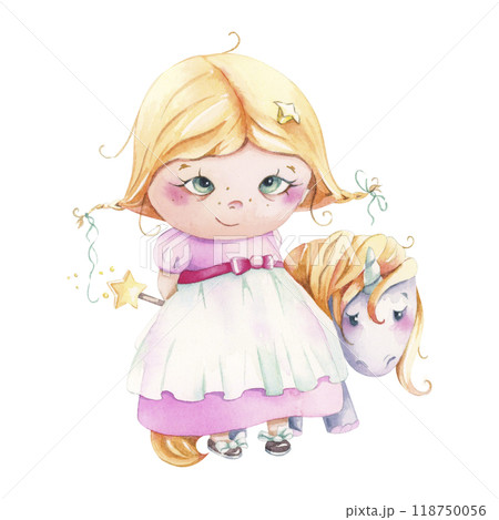 This adorable illustration features a girl next to a stunning and beautiful unicorn, perfect for a children's theme. 118750056