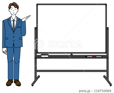 ホワイトボードの横に立ちプレゼンテーションをしているスーツ姿の男性のイラスト ベクター 118750069