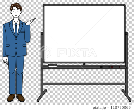 ホワイトボードの横に立ちプレゼンテーションをしているスーツ姿の男性のイラスト ベクター 118750069