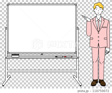 Illustration vector of a man in a suit standing next to a whiteboard and giving a presentation Illustration vector of a man in a suit standing next to a whiteboard and giving a presentation 118750072