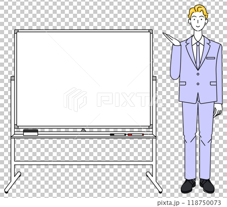 Illustration vector of a man in a suit standing next to a whiteboard and giving a presentation Illustration vector of a man in a suit standing next to a whiteboard and giving a presentation 118750073