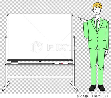 Illustration vector of a man in a suit standing next to a whiteboard and giving a presentation Illustration vector of a man in a suit standing next to a whiteboard and giving a presentation 118750074