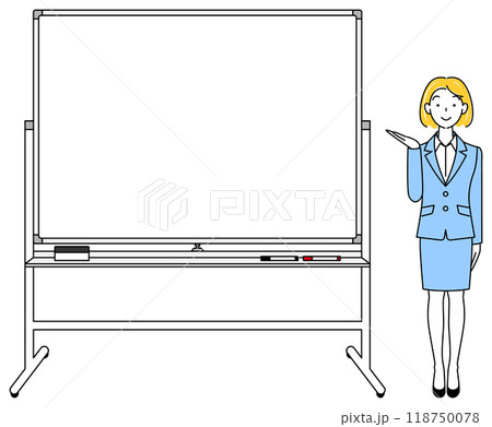 ホワイトボードの横に立ちプレゼンテーションをしているスーツ姿の女性のイラスト ベクター ホワイトボードの横に立ちプレゼンテーションをしているスーツ姿の女性のイラスト ベクター 118750078