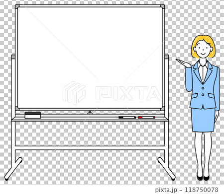 ホワイトボードの横に立ちプレゼンテーションをしているスーツ姿の女性のイラスト ベクター ホワイトボードの横に立ちプレゼンテーションをしているスーツ姿の女性のイラスト ベクター 118750078