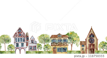 Old European city town street houses church, urban facades, trees. Historical cityscape building. Watercolor hand drawn seamless banner. For tourist shops, souvenirs, travel brochures, real estate Old European city town street houses church, urban facades, trees. Historical cityscape building. Watercolor hand drawn seamless banner. For tourist shops, souvenirs, travel brochures, real estate 118750333