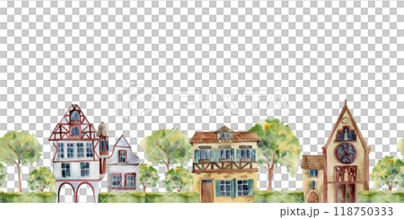 Old European city town street houses church, urban facades, trees. Historical cityscape building. Watercolor hand drawn seamless banner. For tourist shops, souvenirs, travel brochures, real estate Old European city town street houses church, urban facades, trees. Historical cityscape building. Watercolor hand drawn seamless banner. For tourist shops, souvenirs, travel brochures, real estate 118750333