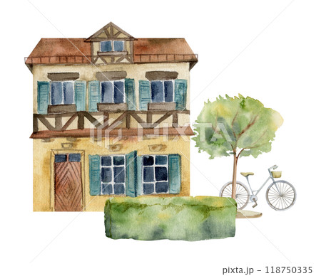 Old European city town village street houses, facades. Historical cityscape building, green hedge trees, parked bicycle. Watercolor hand drawn illustration. Tourist shops, souvenirs, travel brochures 118750335
