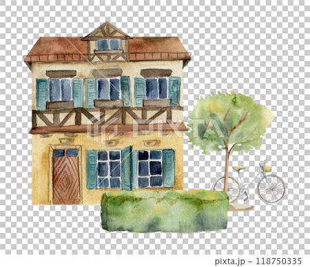 Old European city town village street houses, facades. Historical cityscape building, green hedge trees, parked bicycle. Watercolor hand drawn illustration. Tourist shops, souvenirs, travel brochures 118750335