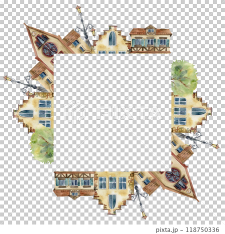 Old European city town street house church. Historical cityscape religious building, lamp posts trees. Watercolor hand drawn square frame. Tourist shops, souvenirs, travel brochures, real estate 118750336