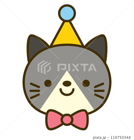 パーティー帽子と蝶ネクタイをつけたかわいいネコの顔 118750348