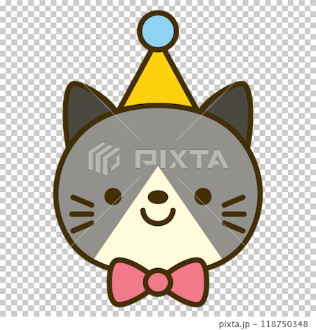 パーティー帽子と蝶ネクタイをつけたかわいいネコの顔 118750348