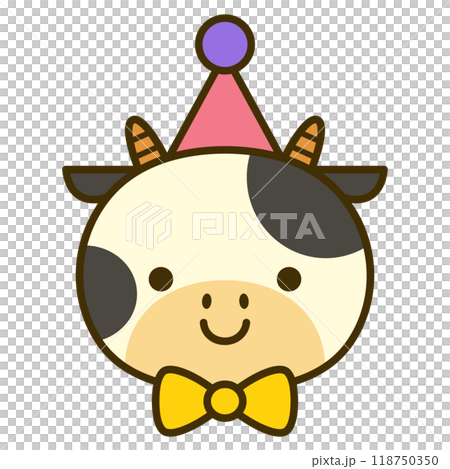 パーティー帽子と蝶ネクタイをつけたかわいい牛の顔 118750350