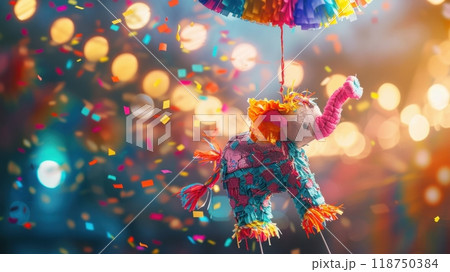 Festive Pinata Celebration with Colorful Confetti and Sparkling Lights 118750384