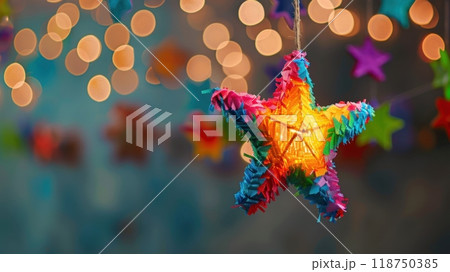 Vibrant Mexican Pinata Star with Festive Background Lights 118750385