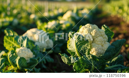 Fresh Cauliflower Field Under Sunlight in Rural Landscape Fresh Cauliflower Field Under Sunlight in Rural Landscape 118750396