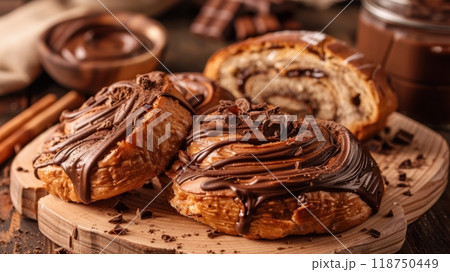 Delicious Chocolate Banana Bread on Rustic Wooden Board 118750449