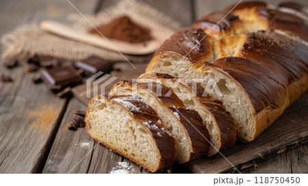 Delicious Chocolate Banana Bread on Rustic Wooden Board 118750450