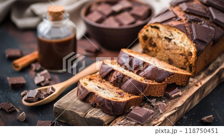 Delicious Chocolate Banana Bread on Rustic Wooden Board 118750451