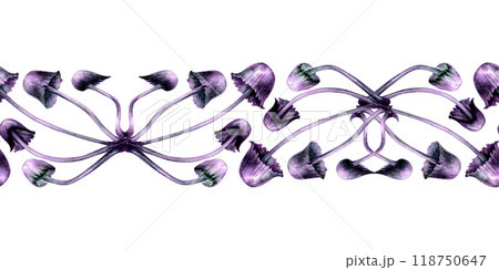 Seamless horizontal border with poisonous purple toadstools on green background. Watercolor illustration template for esoteric, witchcraft, Halloween: invitations, menus, advertising, cards, postcards Seamless horizontal border with poisonous purple toadstools on green background. Watercolor illustration template for esoteric, witchcraft, Halloween: invitations, menus, advertising, cards, postcards 118750647