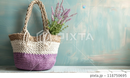 Handcrafted Crochet Bag with Purple Flowers on Rustic Porch 118750695