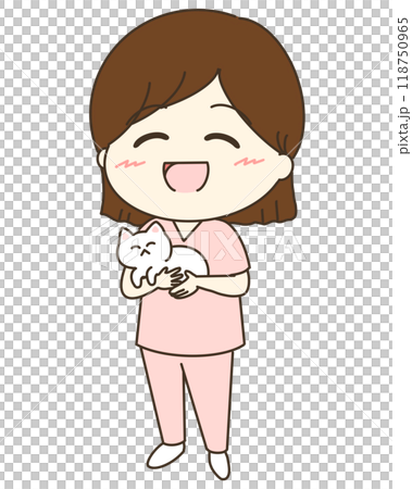 A cute illustration of a veterinary nurse holding a cat 118750965