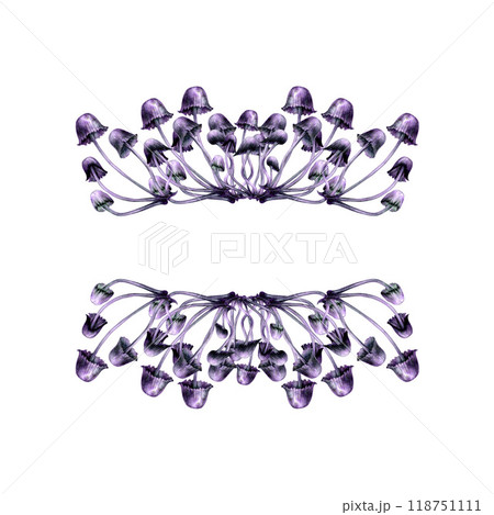 Horizontal frame with poisonous purple toadstools. Watercolor illustration template for esoteric, witchcraft, Halloween: plates, trays, round napkins, pillows, invitations, menus, cards, postcards Horizontal frame with poisonous purple toadstools. Watercolor illustration template for esoteric, witchcraft, Halloween: plates, trays, round napkins, pillows, invitations, menus, cards, postcards 118751111