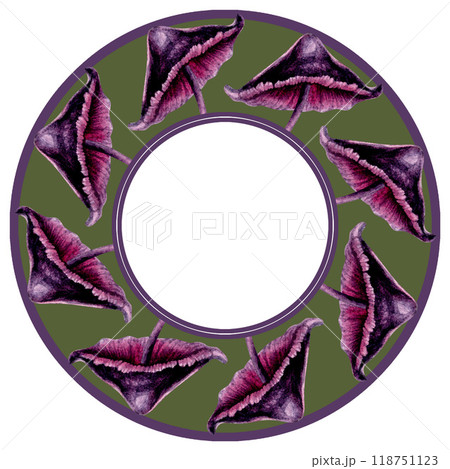 Circular border with poisonous purple toadstools. Watercolor illustration template for esoteric, witchcraft, Halloween: plates, trays, round napkins, pillows, invitations, menus, cards, postcards 118751123