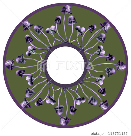 Circular border with poisonous purple toadstools. Watercolor illustration template for esoteric, witchcraft, Halloween: plates, trays, round napkins, pillows, invitations, menus, cards, postcards 118751125