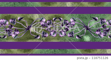 Seamless horizontal border with poisonous purple toadstools on green background. Watercolor illustration template for esoteric, witchcraft, Halloween: invitations, menus, advertising, cards, postcards Seamless horizontal border with poisonous purple toadstools on green background. Watercolor illustration template for esoteric, witchcraft, Halloween: invitations, menus, advertising, cards, postcards 118751126