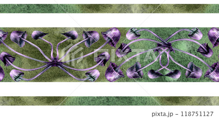 Seamless horizontal border with poisonous purple toadstools on green background. Watercolor illustration template for esoteric, witchcraft, Halloween: invitations, menus, advertising, cards, postcards Seamless horizontal border with poisonous purple toadstools on green background. Watercolor illustration template for esoteric, witchcraft, Halloween: invitations, menus, advertising, cards, postcards 118751127