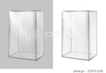 Transparent glass cube. Realistic aquarium. Special showcase 118751291