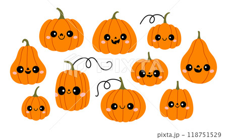 Cute Halloween pumpkin set. Jack O Lantern collection. Halloween pumpkins with faces vector element set. October symbol. Cute Halloween pumpkin set. Jack O Lantern collection. Halloween pumpkins with faces vector element set. October symbol. 118751529