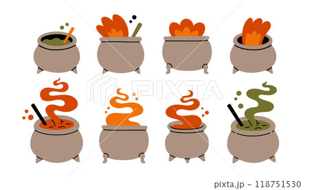 Halloween cauldron set. Flat cartoon icons. Vector illustration of cauldrons different shapes and sizes 118751530