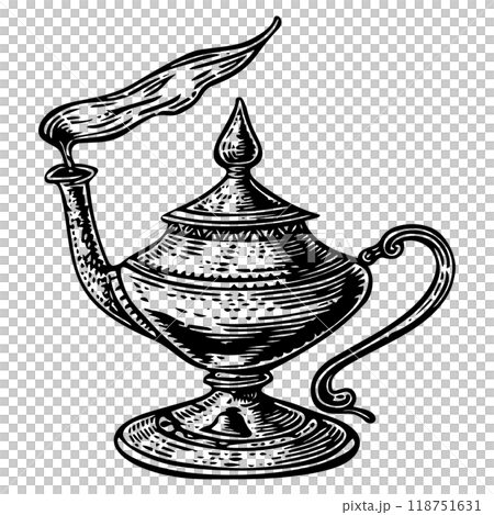 Magic lamp copperplate engraving vector illustration. 118751631